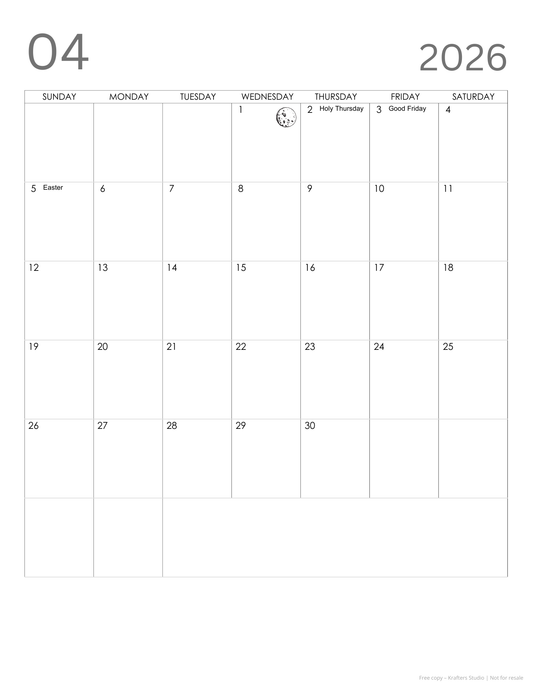 Free 2026 Plain PDF Printable Calendar with Full Moon & Holidays